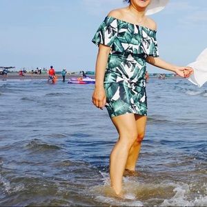 Midi off shoulder banana printing dress